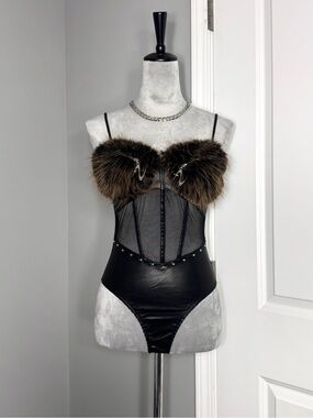 Futuristic Y2K Faux Fur + Leather Mesh Corset Bodysuit with Silver Hardware